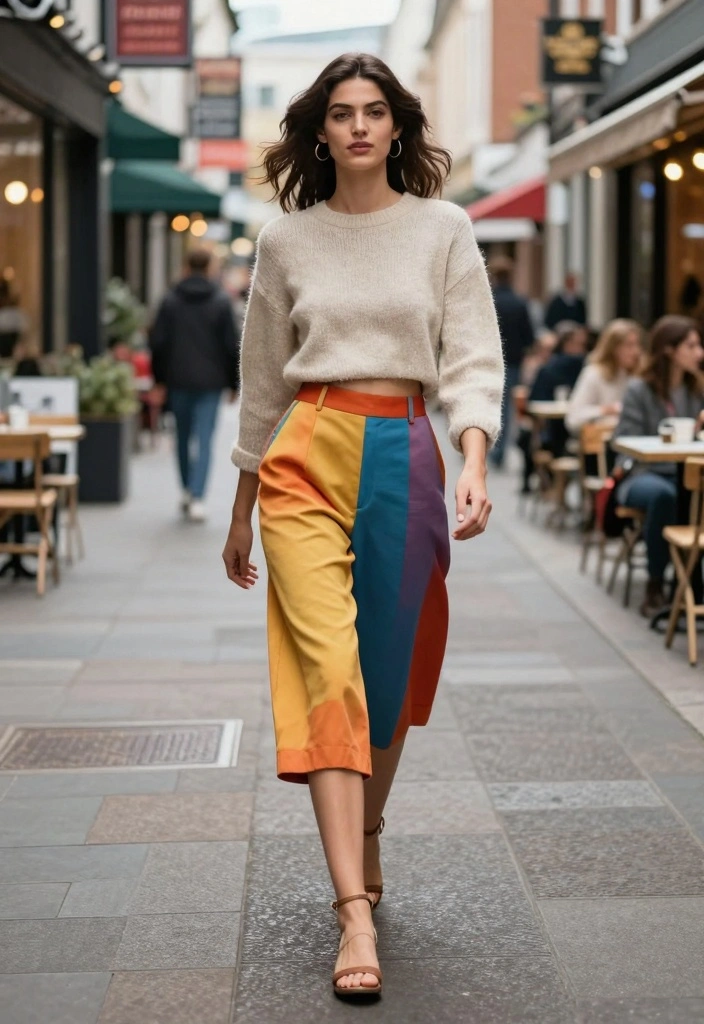 15 Half Pants Outfit Ideas For Women For Casual Days - 7. Colorful Culottes with a Cropped Sweater 1