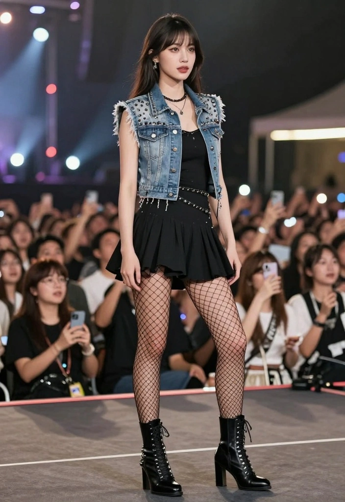 15 Metallica Concert Outfit Ideas For Women With Rock Edge - 6. Studded Denim Vest with a Black Dress 1