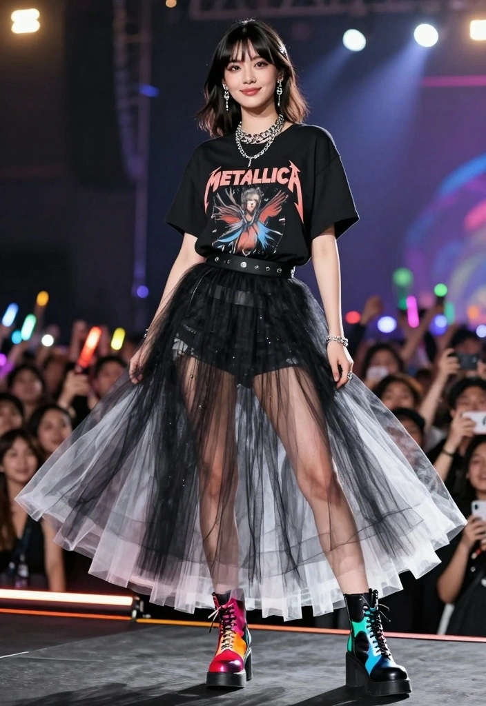 15 Metallica Concert Outfit Ideas For Women With Rock Edge - 7. Rock-inspired Tulle Skirt with Band Tee 1
