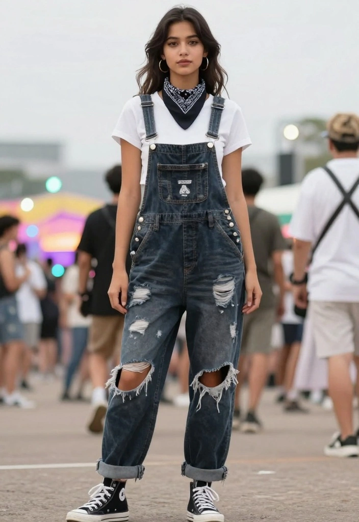 15 Metallica Concert Outfit Ideas For Women With Rock Edge - 8. Distressed Overalls with a Band Crop Tee 1