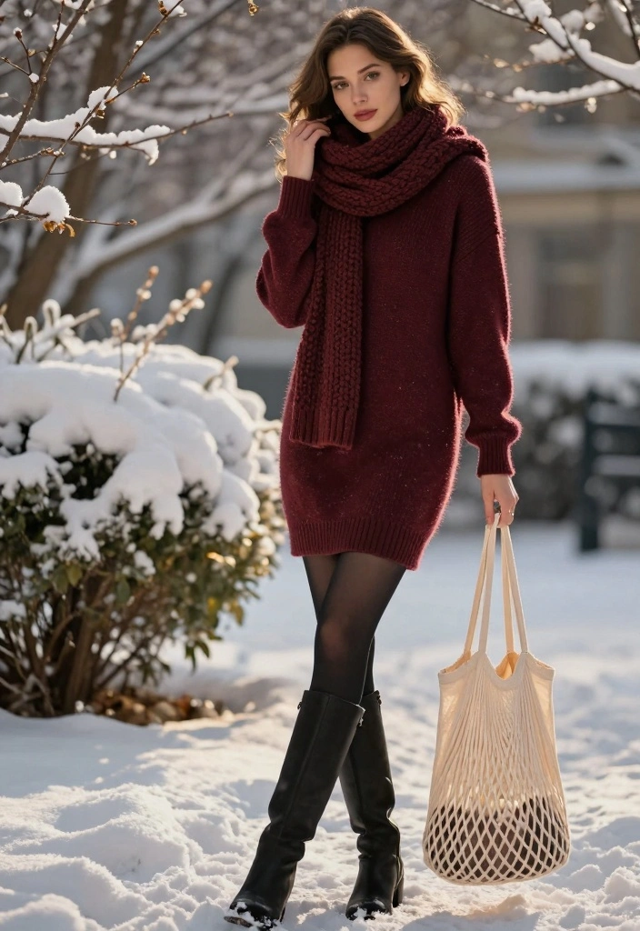 15 Pantyhose Winter Outfit Ideas For Women With Chic Layers - 1. Cozy Sweater Dress with Tights 1