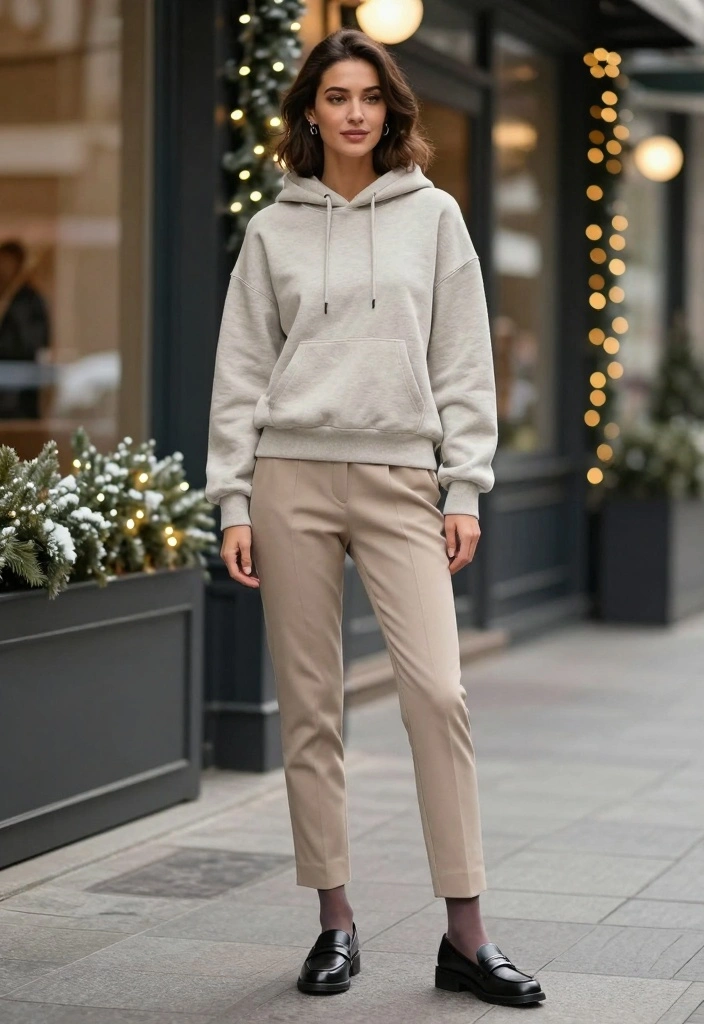 15 Pantyhose Winter Outfit Ideas For Women With Chic Layers - 13. Cozy Hoodie with Tailored Pants 1