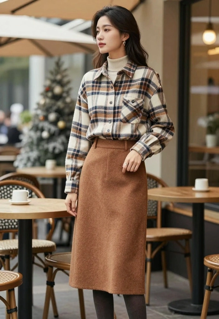 15 Pantyhose Winter Outfit Ideas For Women With Chic Layers - 15. Flannel Shirt with Wool Skirt 1