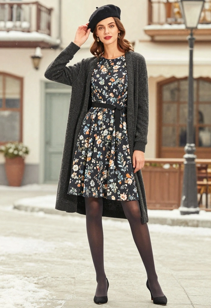 15 Pantyhose Winter Outfit Ideas For Women With Chic Layers - 5. Vintage Dress with Opaque Tights 1
