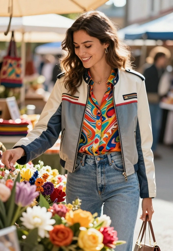 15 Racing Jacket Outfit Ideas For Women With Street Energy - 10. Fun Prints and Patterns 1