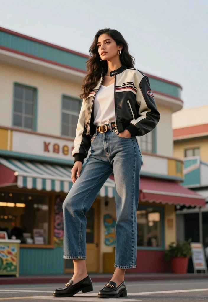 15 Racing Jacket Outfit Ideas For Women With Street Energy - 5. Vintage Vibes with Mom Jeans 1
