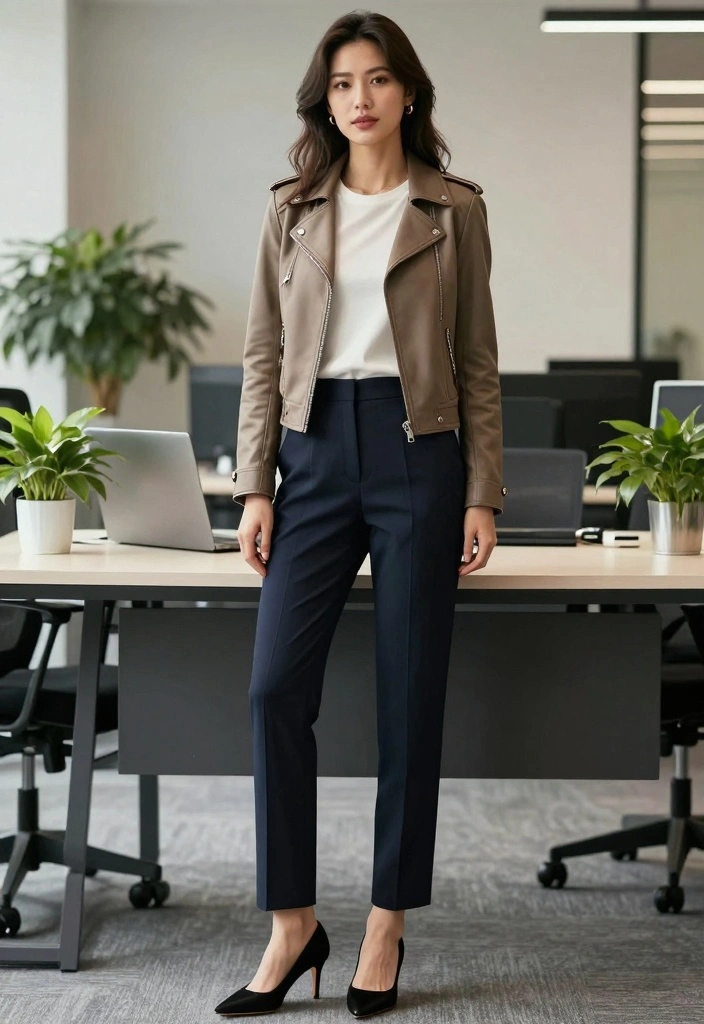15 Racing Jacket Outfit Ideas For Women With Street Energy - 8. Chic and Sophisticated with Tailored Pants 1