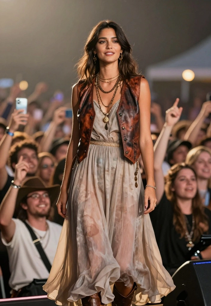 15 Zach Bryan Concert Outfit Ideas For Women With Western Mood - 12. Vintage Leather Vest Over a Flowing Dress 1