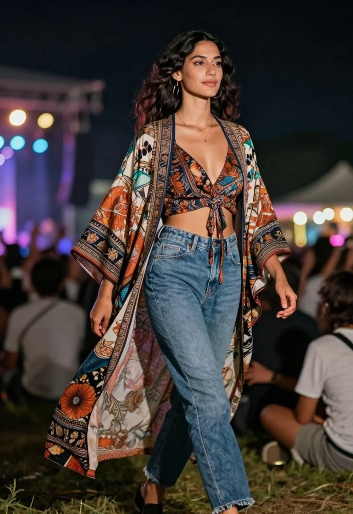 15 Zach Bryan Concert Outfit Ideas For Women With Western Mood - 14. Boho Kimono with Jeans 1