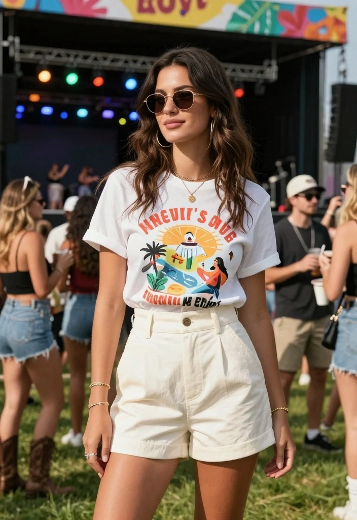 15 Zach Bryan Concert Outfit Ideas For Women With Western Mood - 3. High-Waisted Shorts and an Oversized Tee 1