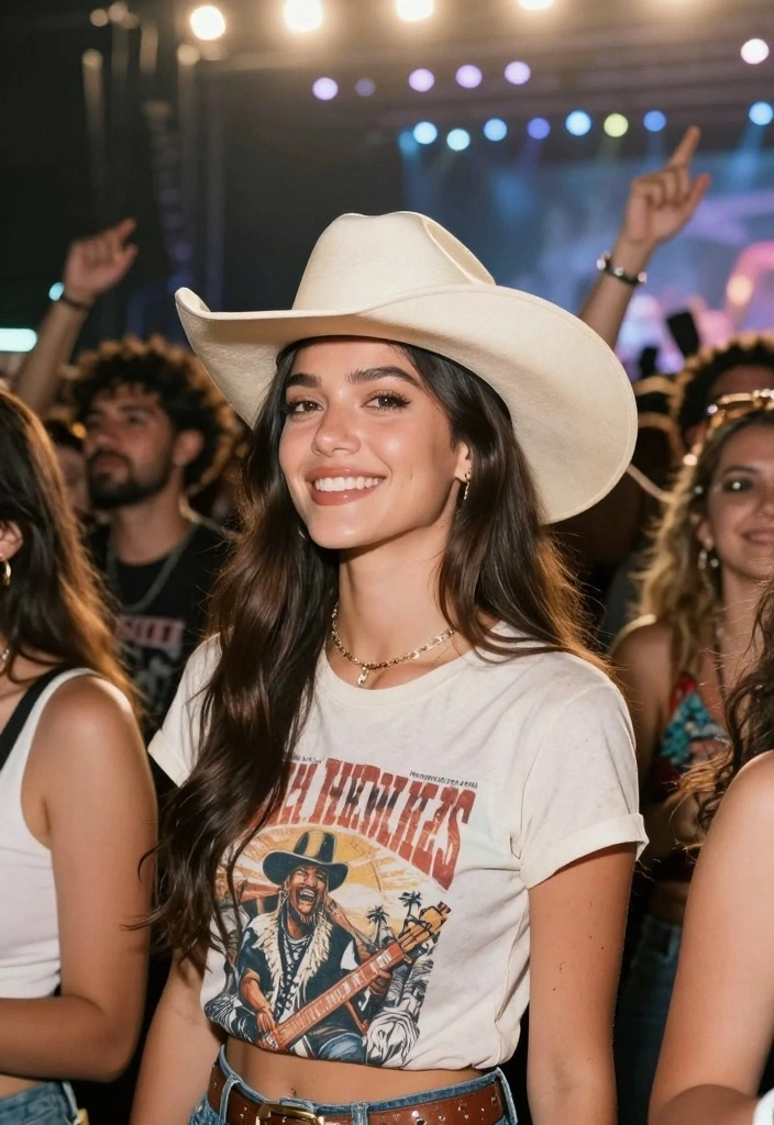 15 Zach Bryan Concert Outfit Ideas For Women With Western Mood - 5. Cowboy Hat and Vintage Band Tee 1