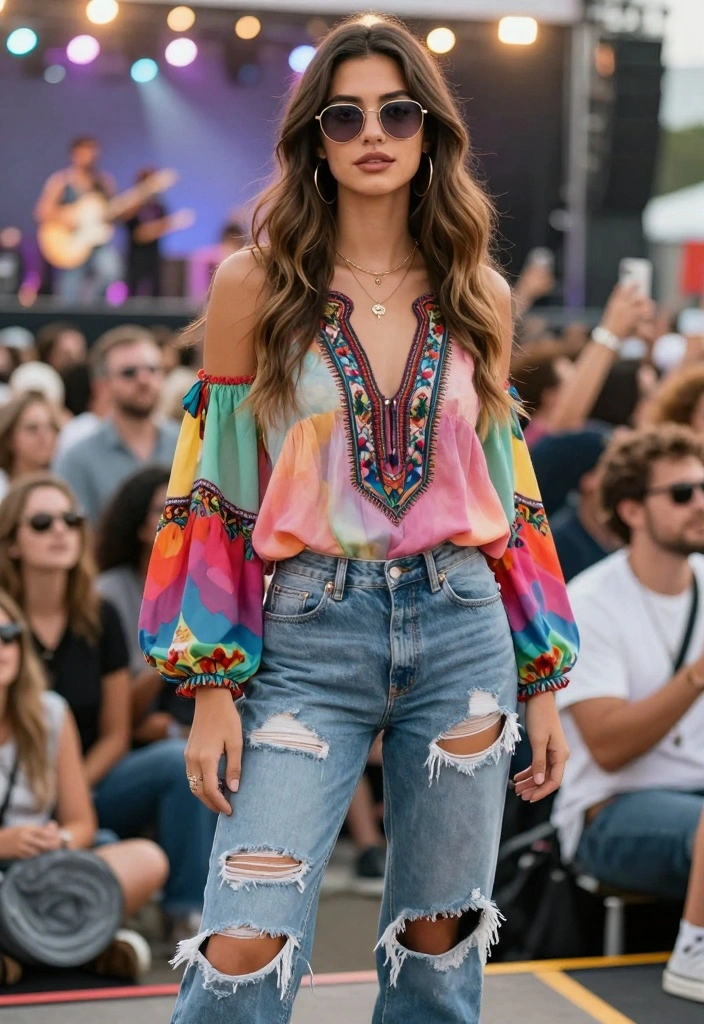 15 Zach Bryan Concert Outfit Ideas For Women With Western Mood - 9. Ripped Jeans with a Peasant Top 1