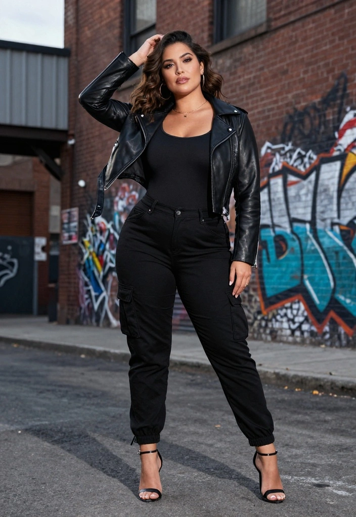 16 Black Cargo Pants Baddie Outfit Ideas For Women - 2. Edgy Glam with Leather Jacket 1