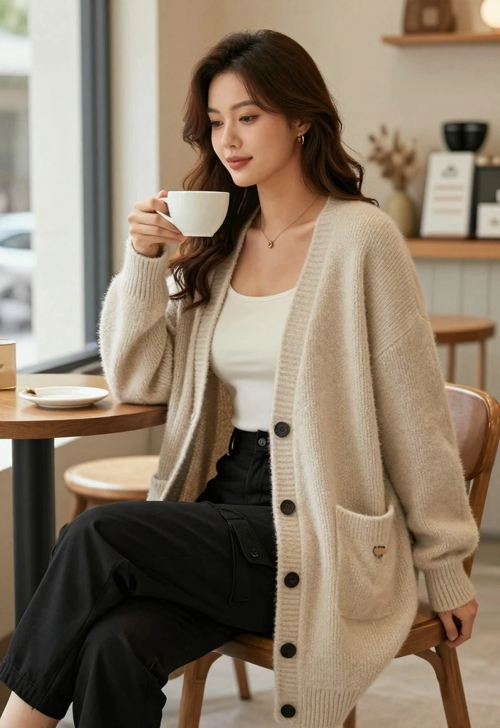 16 Black Cargo Pants Baddie Outfit Ideas For Women - 8. Layered with a Long Cardigan 1