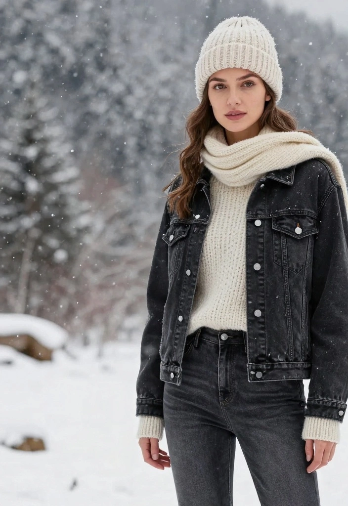 16 Black Denim Jacket Outfit Ideas For Women With Edge - 11. Cozy Layering for Chilly Days 1