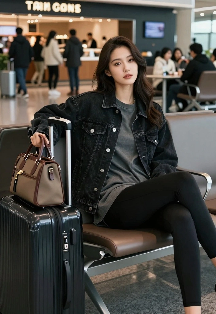 16 Black Denim Jacket Outfit Ideas For Women With Edge - 14. Effortless Travel Outfit 1