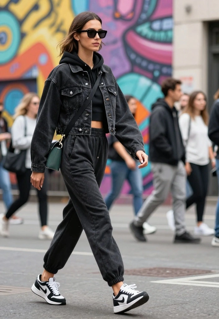 16 Black Denim Jacket Outfit Ideas For Women With Edge - 5. Sporty Edge 1