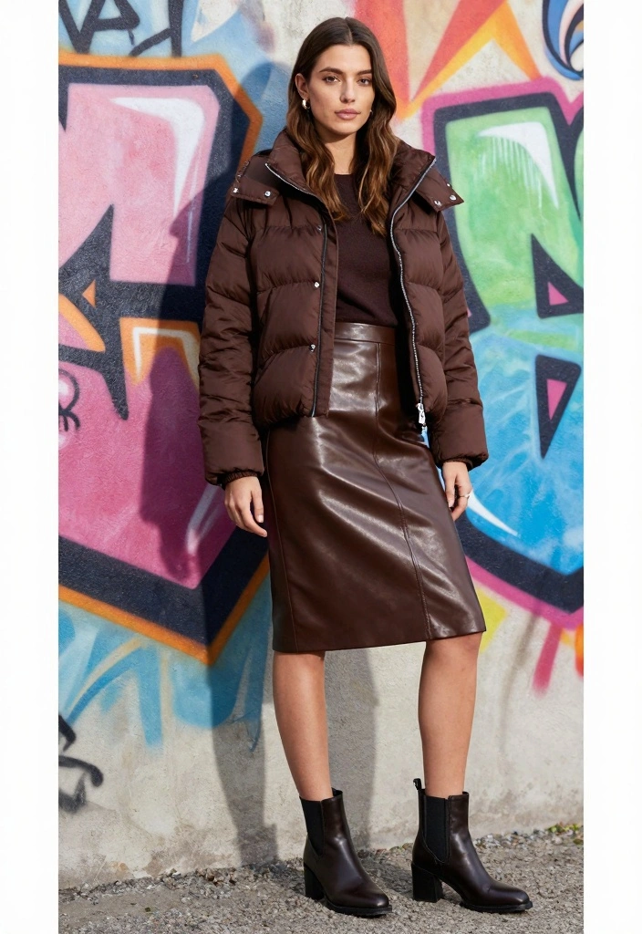 16 Brown Puffer Jacket Outfit Ideas For Women For Cold Days - 10. Edgy with a Faux Leather Skirt 1