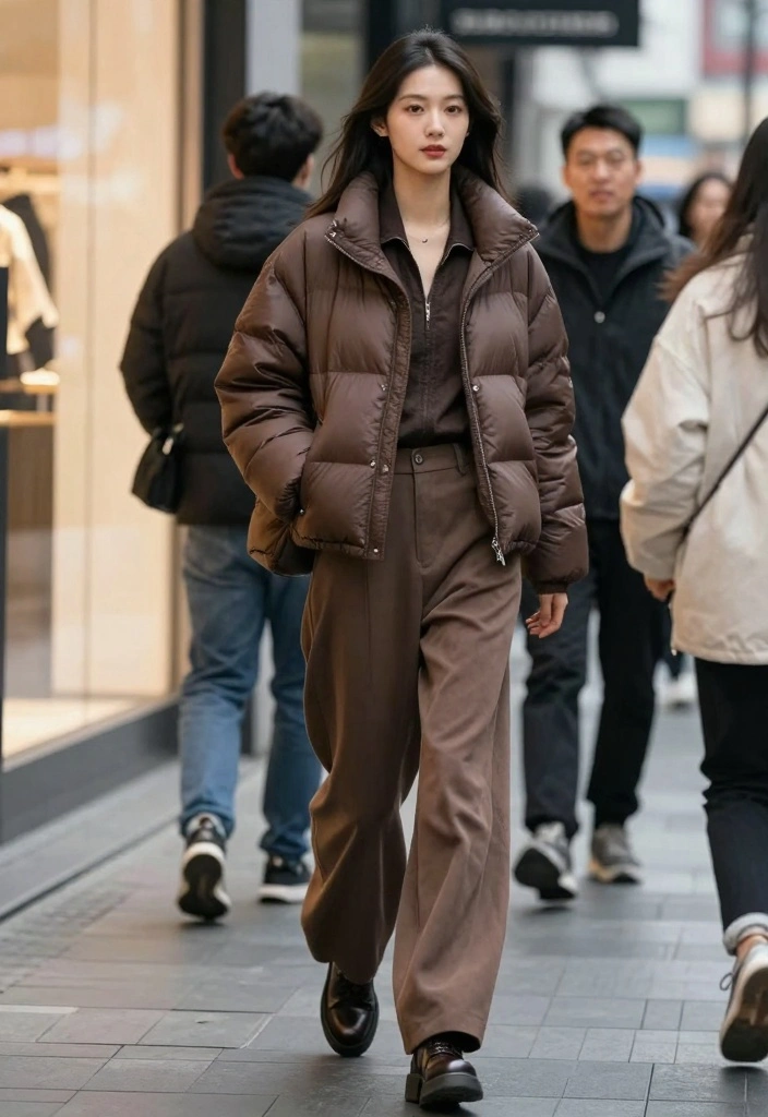 16 Brown Puffer Jacket Outfit Ideas For Women For Cold Days - 14. Trendy with Wide-Leg Pants 1