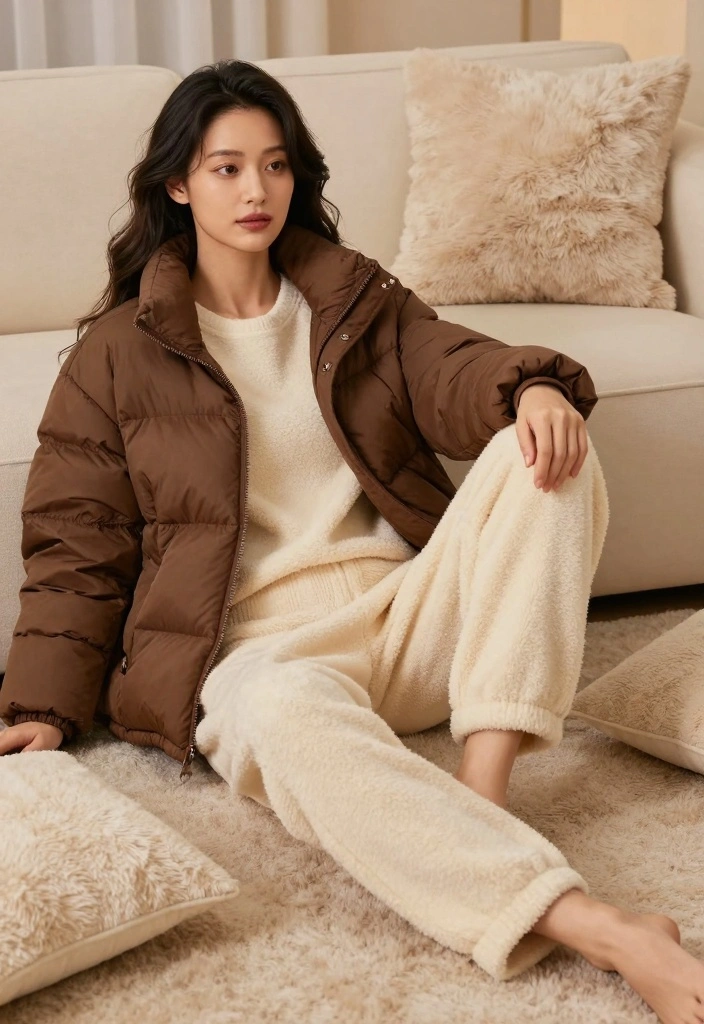16 Brown Puffer Jacket Outfit Ideas For Women For Cold Days - 15. Casual and Comfy with Loungewear 1