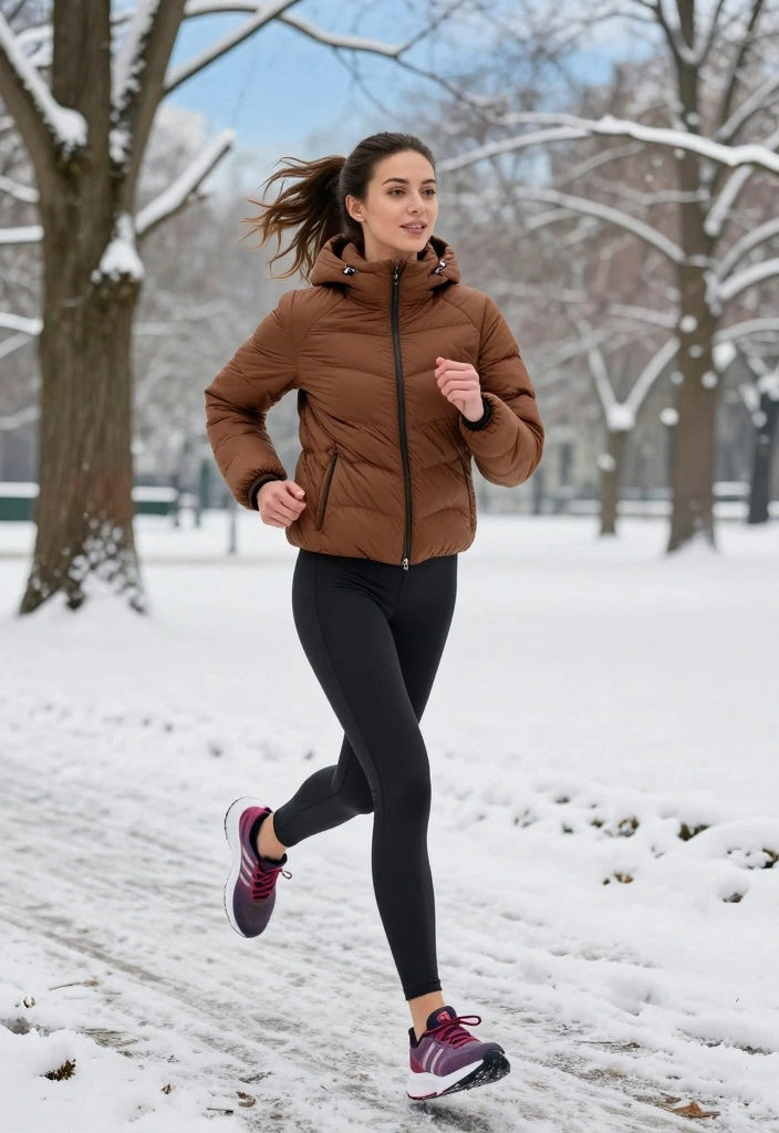 16 Brown Puffer Jacket Outfit Ideas For Women For Cold Days - 3. Sporty Vibes with Leggings 1