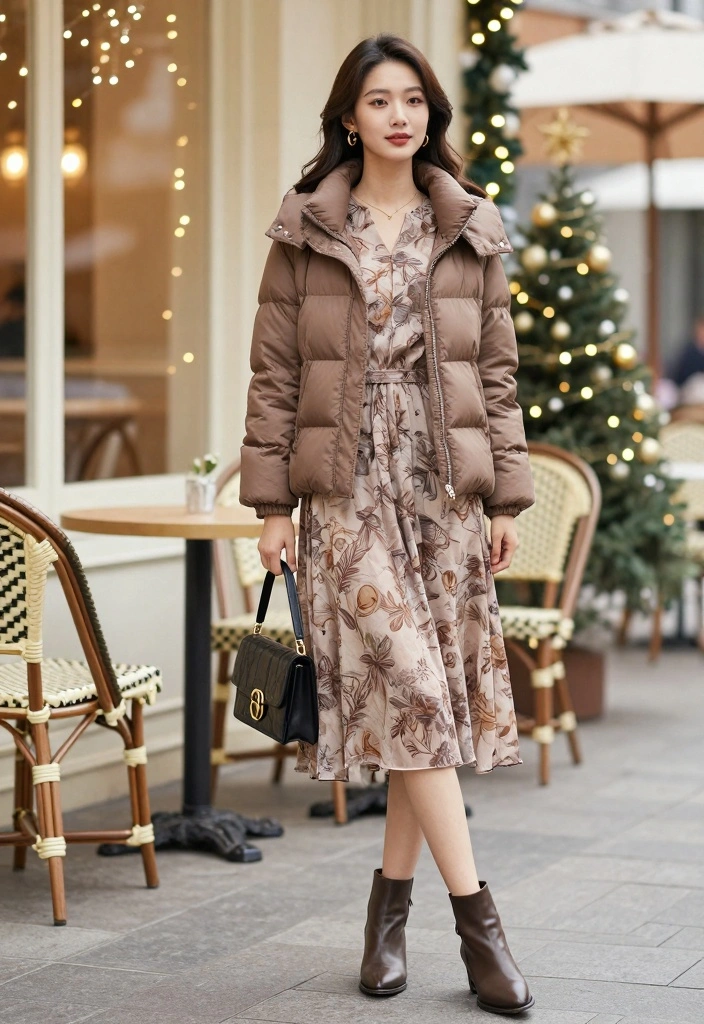 16 Brown Puffer Jacket Outfit Ideas For Women For Cold Days - 4. Effortless Elegance with a Midi Dress 1