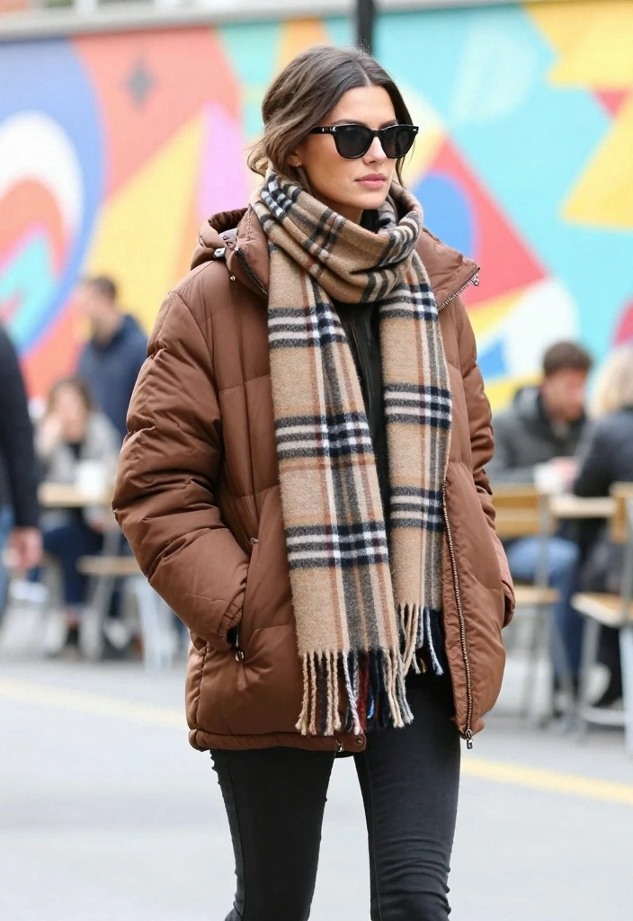 16 Brown Puffer Jacket Outfit Ideas For Women For Cold Days - 5. Street Style with Oversized Accessories 1