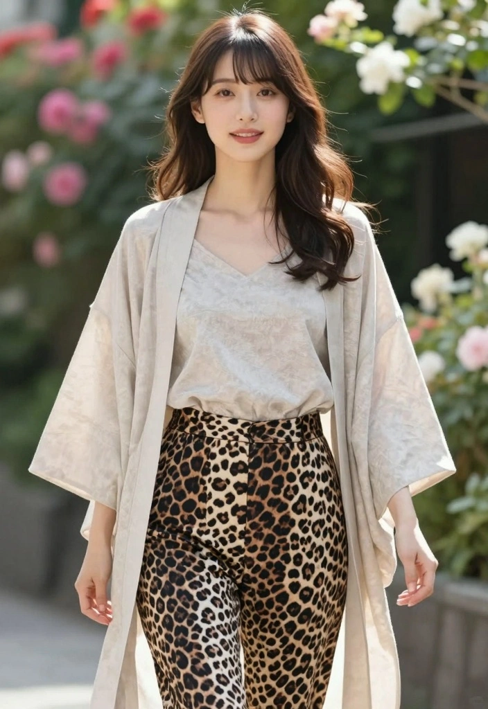 16 Cheetah Print Pants Outfit Ideas For Women With Bold Energy - 11. Layered Look with a Long Kimono 1