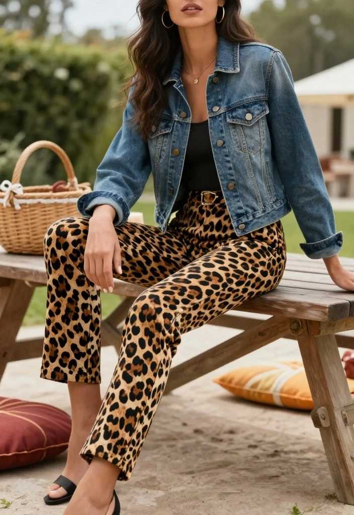 16 Cheetah Print Pants Outfit Ideas For Women With Bold Energy - 3. Weekend Vibes with a Denim Jacket 1
