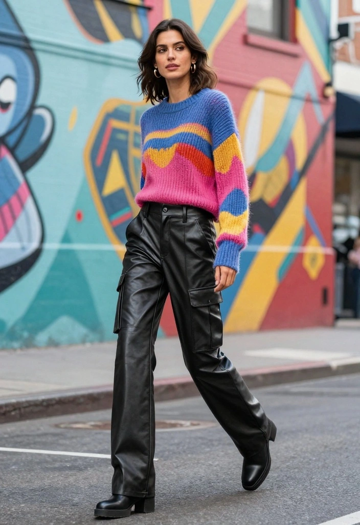 16 Leather Cargo Pants Outfit Ideas For Women With Edge - 10. Bold Colors and Textures 1