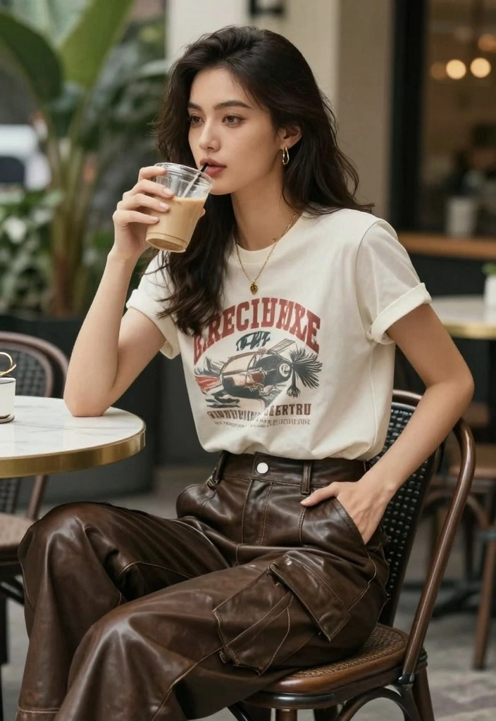 16 Leather Cargo Pants Outfit Ideas For Women With Edge - 11. Relaxed Fit with a Vintage Tee 1