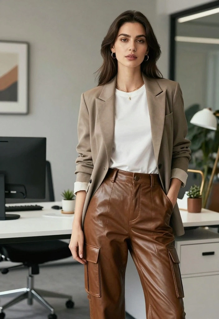 16 Leather Cargo Pants Outfit Ideas For Women With Edge - 13. Classic Blazer and Leather 1
