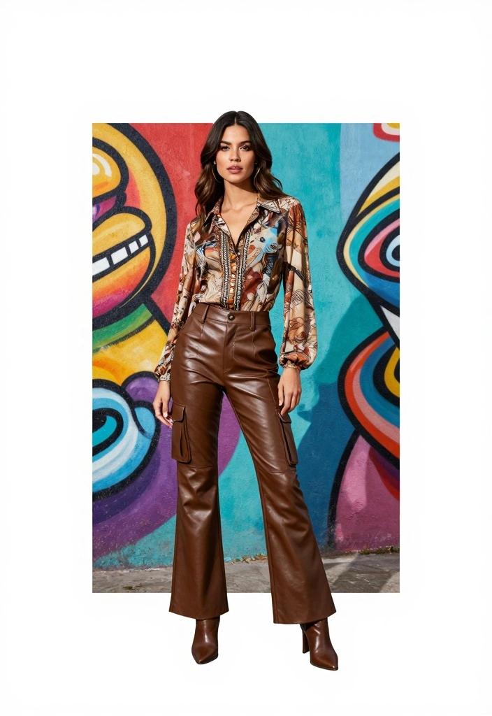 16 Leather Cargo Pants Outfit Ideas For Women With Edge - 16. Vintage Inspiration with a 70s Blouse 1