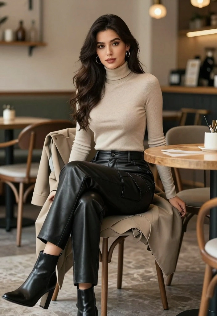 16 Leather Cargo Pants Outfit Ideas For Women With Edge - 6. Layered with a Turtleneck 1