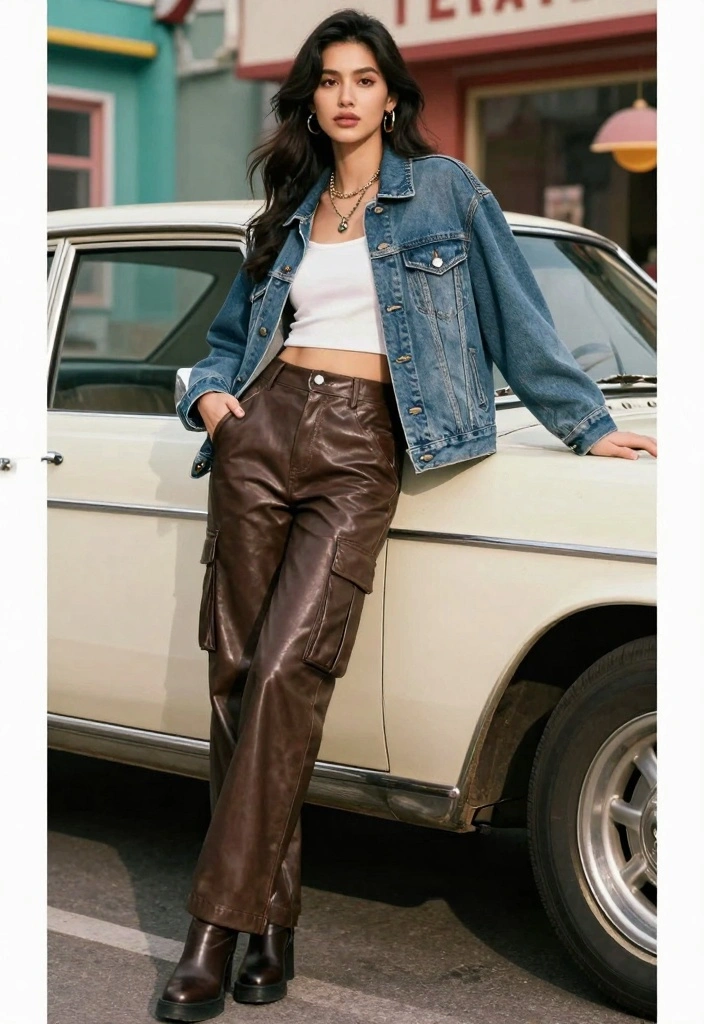 16 Leather Cargo Pants Outfit Ideas For Women With Edge - 9. Vintage Vibes with a Denim Jacket 1