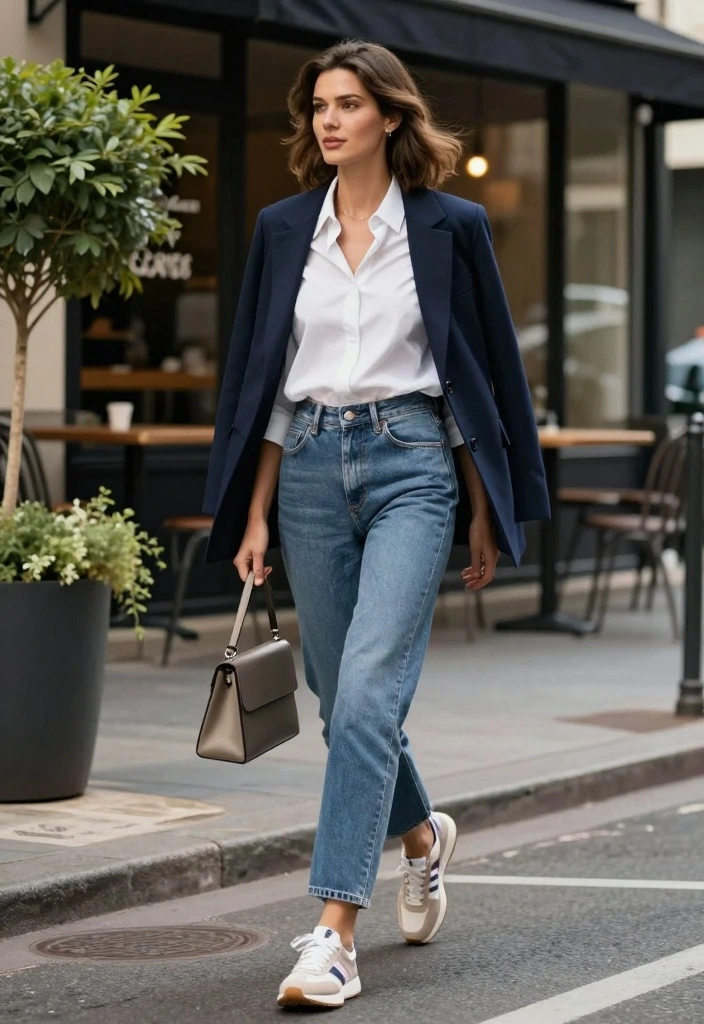 16 Navy Blue Jacket Outfit Ideas For Women With Polished Style - 1. Classic White Shirt and Jeans 1