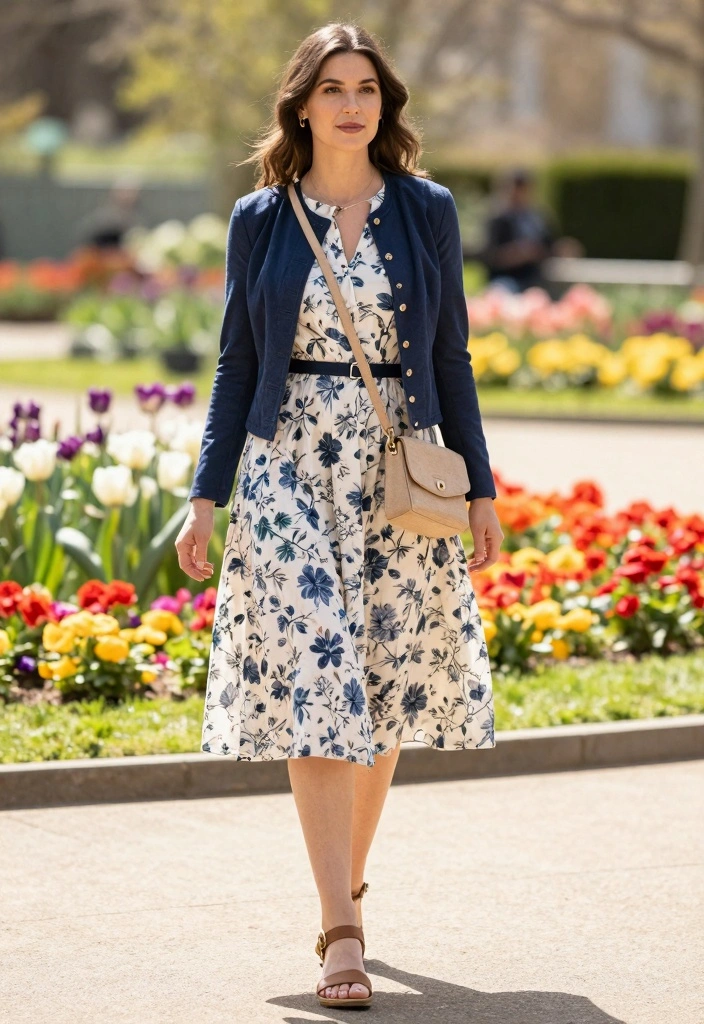 16 Navy Blue Jacket Outfit Ideas For Women With Polished Style - 2. Floral Dress with Navy Accent 1
