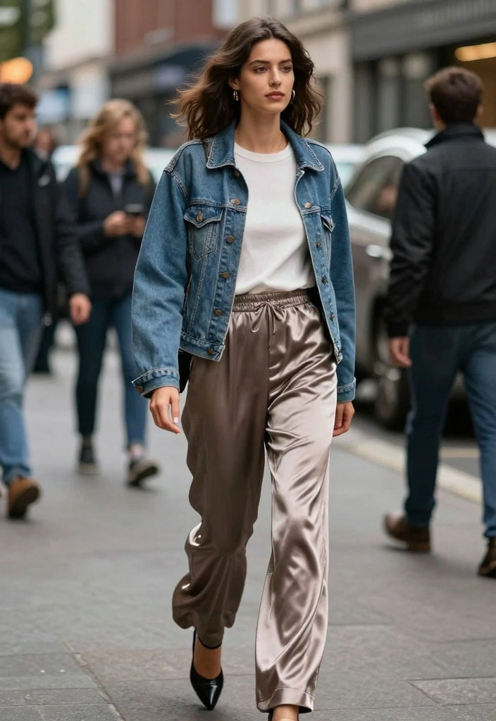 16 Satin Pants Outfit Ideas For Women With Elegant Flow - 13. Casual Satin Pants with a Denim Jacket 1