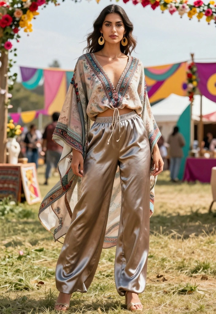 16 Satin Pants Outfit Ideas For Women With Elegant Flow - 14. Satin Pants with a Bohemian Top 1