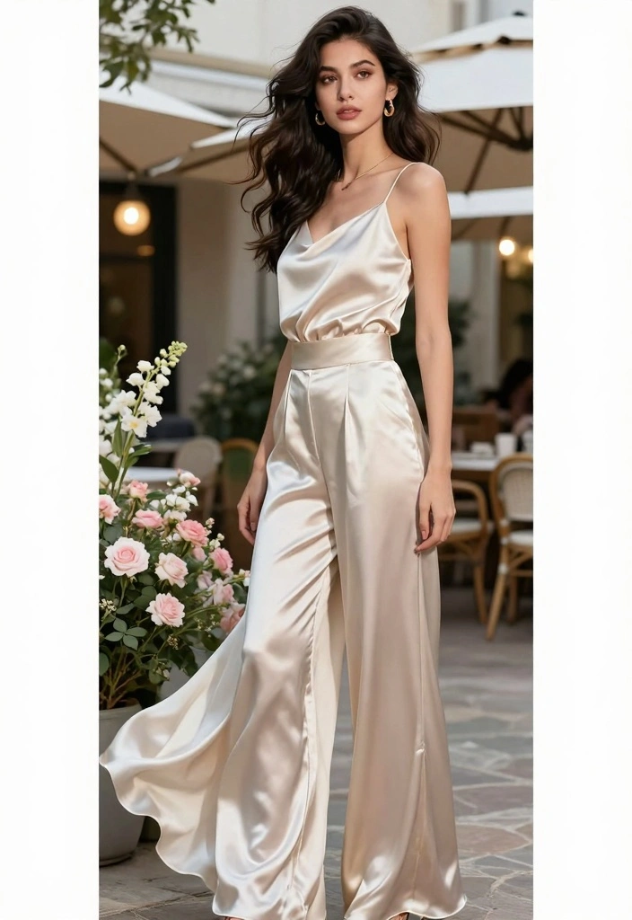 16 Satin Pants Outfit Ideas For Women With Elegant Flow - 5. Flowing Satin Wide-Leg Pants with a Fitted Top 1