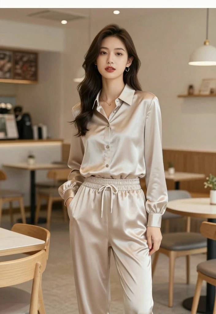 16 Satin Pants Outfit Ideas For Women With Elegant Flow - 6. Elegant Satin Joggers with a Dressy Blouse 1