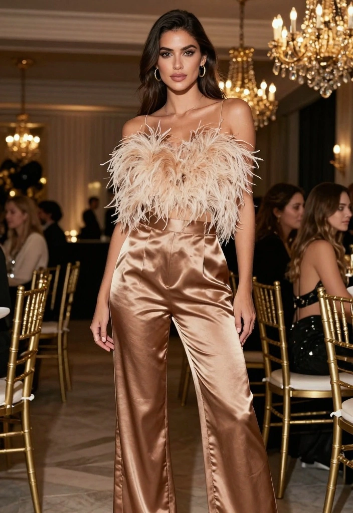 16 Satin Pants Outfit Ideas For Women With Elegant Flow - 7. Satin Pants with a Feathered Top 1