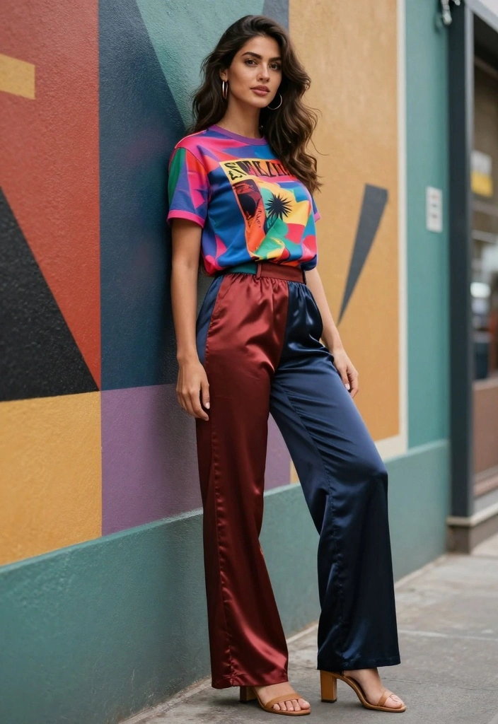 16 Satin Pants Outfit Ideas For Women With Elegant Flow - 8. Layered Satin Pants with a Graphic Tee 1