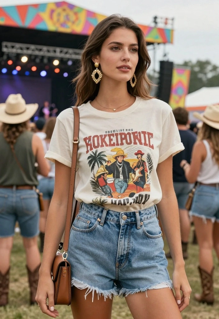 16 Shania Twain Concert Outfit Ideas For Women With Country Flair - 11. Vintage Band Tee with High-Rise Shorts 1