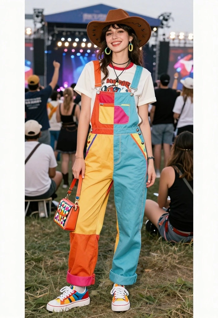 16 Shania Twain Concert Outfit Ideas For Women With Country Flair - 16. Playful Colorful Overalls 1