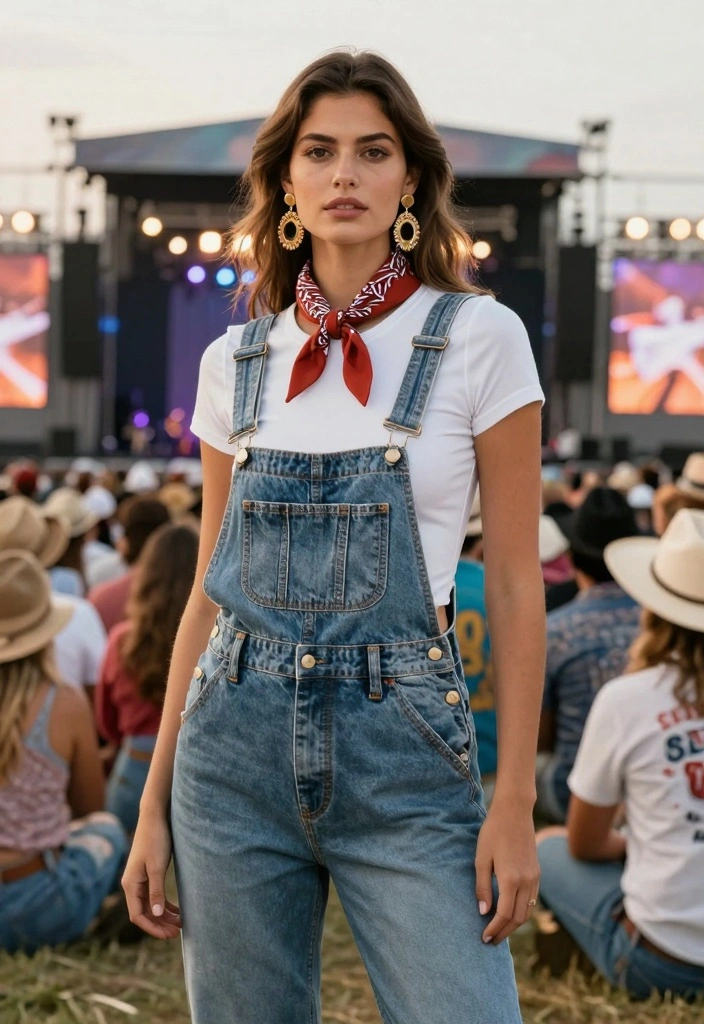16 Shania Twain Concert Outfit Ideas For Women With Country Flair - 9. Classic White Tee and Overalls 1