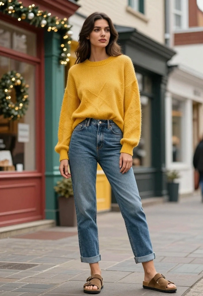 16 Winter Birkenstock Outfit Ideas For Women - 13. Cuffed Jeans and a Statement Sweater 1