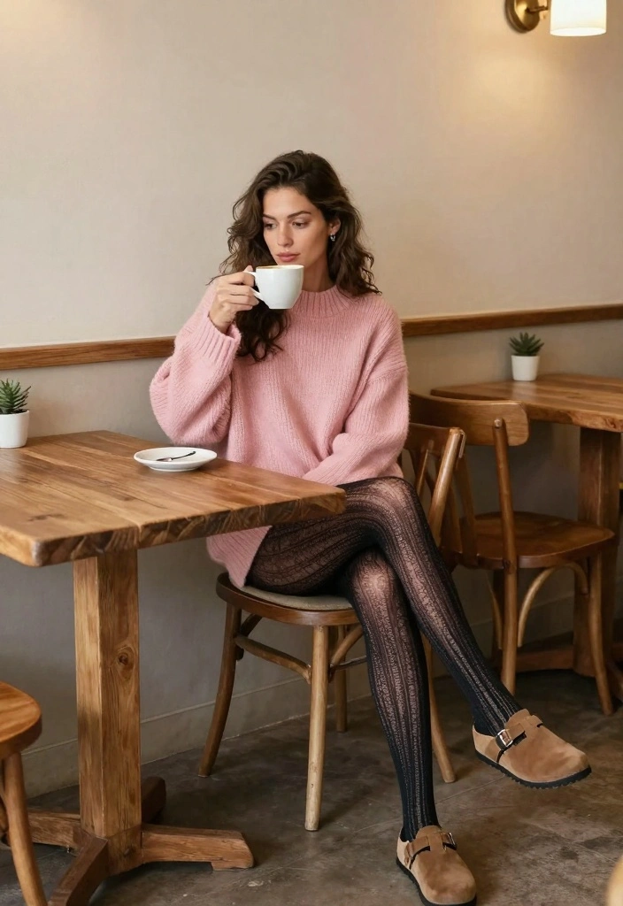 16 Winter Birkenstock Outfit Ideas For Women - 8. Patterned Tights and Oversized Sweater 1