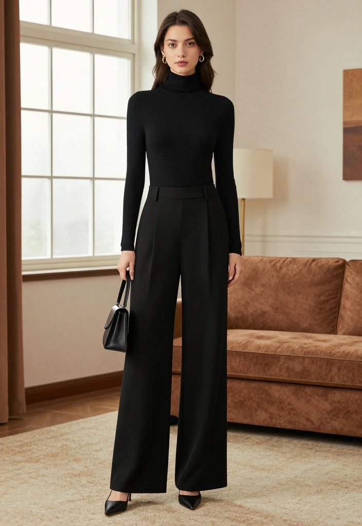 16 Winter Wide Leg Pants Outfit Ideas For Women - 1. Classic Black Wide Leg Pants with a Turtleneck 1