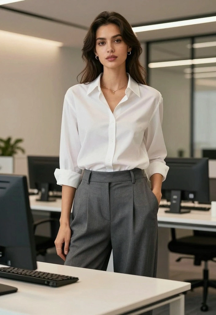 16 Winter Wide Leg Pants Outfit Ideas For Women - 11. Formal Look with a Button-Up Shirt 1